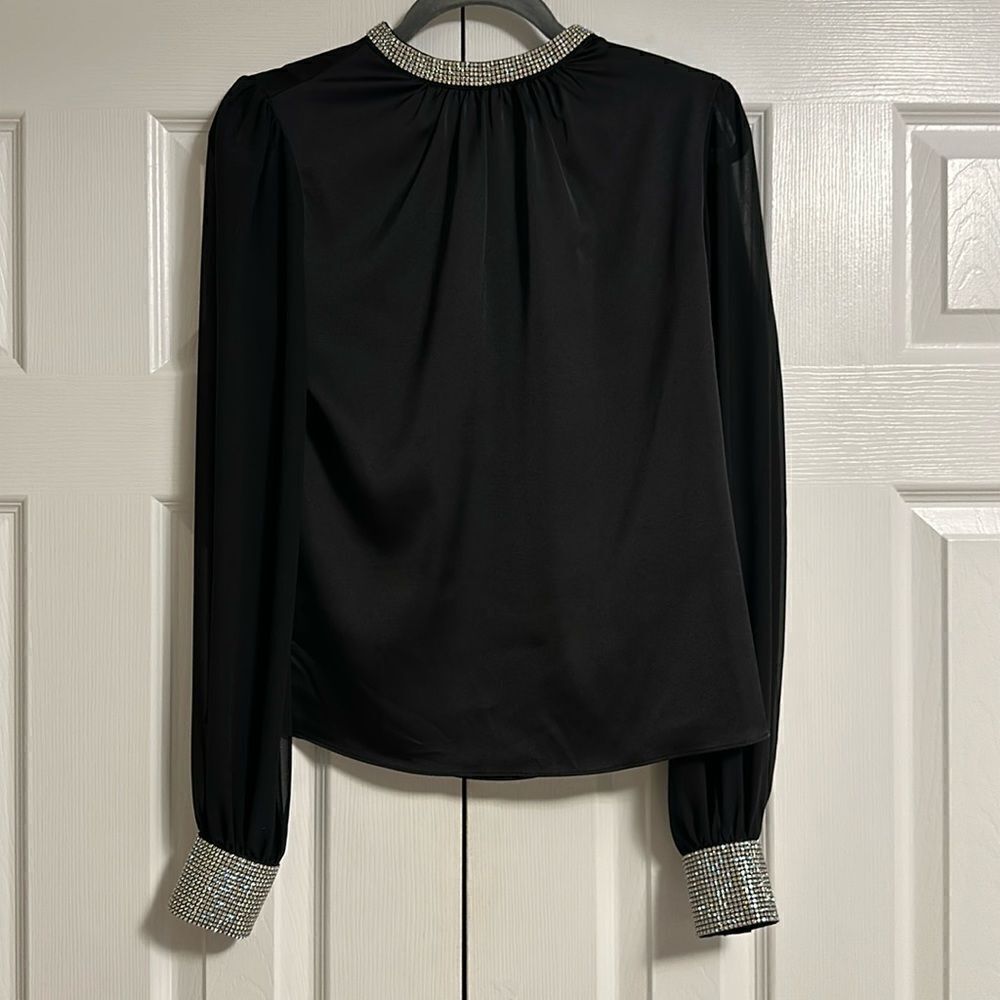 Generation Love Ashley Crystal Trim Black Sheer Sleeve Blouse – Size XS